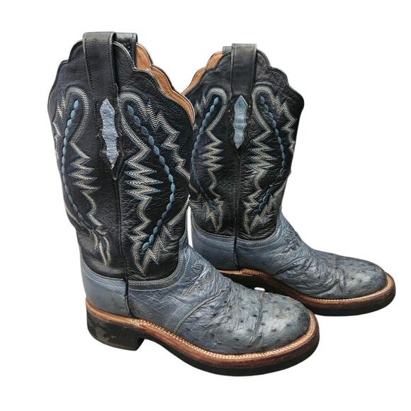 Lucchese 2000 Ostrich Skin and Leather Western Cowboy Boots Blue Black Size 7 - Picture 1 of 9